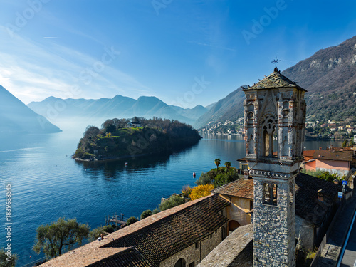 View of Comacina island from the village of Ossuccio on Lake Como
