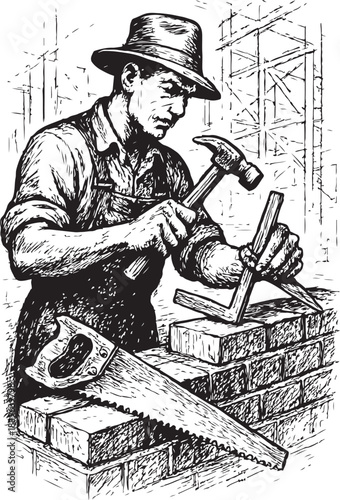 Bricklayer working with tools, silhouette isolated on a white background