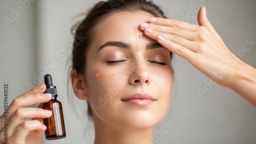 Young caucasian female applying skincare serum to face