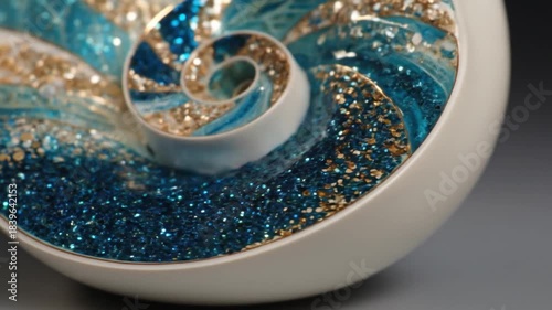 Close-up of a decorative spiral seashell with blue and gold glitter, set in a white bowl