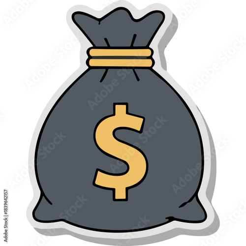 A Dark Gray Money Bag With a Yellow Dollar Sign and Rope Closure on a White Background Featuring a Subtle Gray Shadow and a White Outline