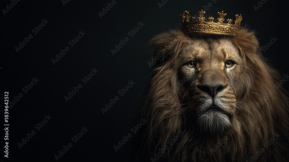 Fototapeta premium Portrait of a serious lion with a golden crown on his head isolated on a dark empty background with space for text or text. Leader and king motif