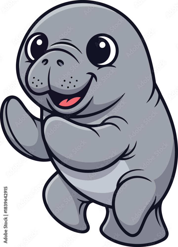 Fototapeta premium Cheerful cartoon manatee stands upright, happily waving hello with a big smile, a friendly sea creature illustration