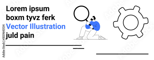 Business strategy, data analysis, problem-solving, teamwork, innovation, process optimization. Person holding magnifying glass near gear symbol. Business analysis and process optimization theme