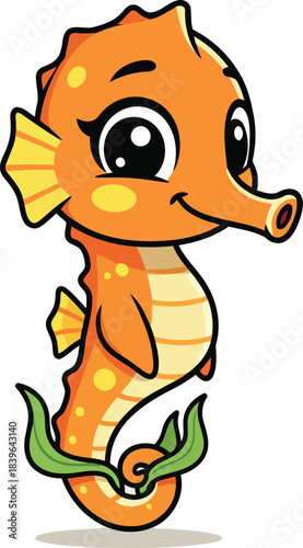 Vibrant Underwater Character Illustration: Adorable Cartoon Seahorse Smiling Happily in Marine Habitat