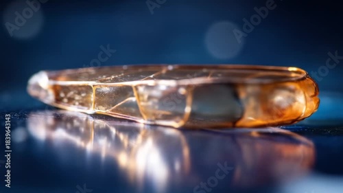 A close-up shot of a translucent insect body section with detailed veins and a reflective surface