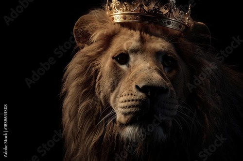 Portrait of a serious lion with a golden crown on his head isolated on a dark empty background with space for text or text. Leader and king motif
