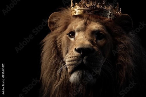 Portrait of a serious lion with a golden crown on his head isolated on a dark empty background with space for text or text. Leader and king motif
