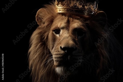 Portrait of a serious lion with a golden crown on his head isolated on a dark empty background with space for text or text. Leader and king motif