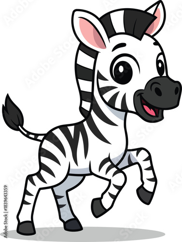 Charming cartoon baby zebra illustration prancing with a cheerful expression on a simple background