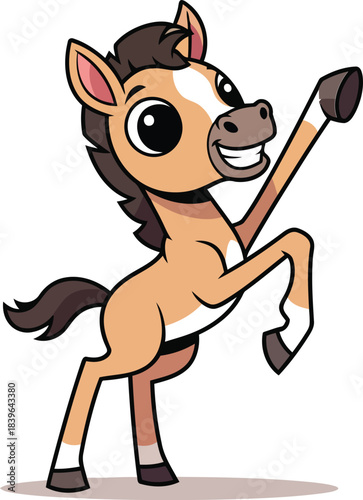 Playful cartoon foal rearing on hind legs with a cheerful smile, a delightful animated equine character.