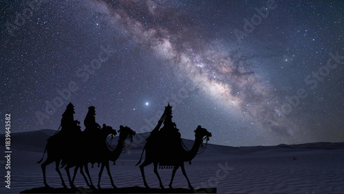 Los Tres Reyes Magos siguiendo la Estrella de Belén — Melchor, Gaspar y Baltasar cruzando el desierto en la noche estrellada, montados en camellos y guiados por la luz celestial.