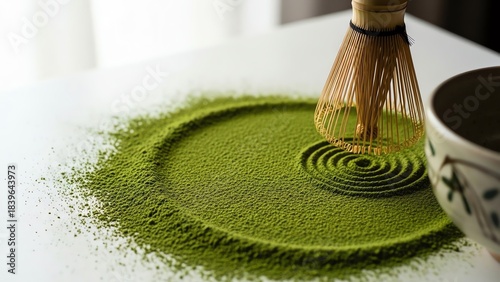 Matcha powder swirl with whisk and cup