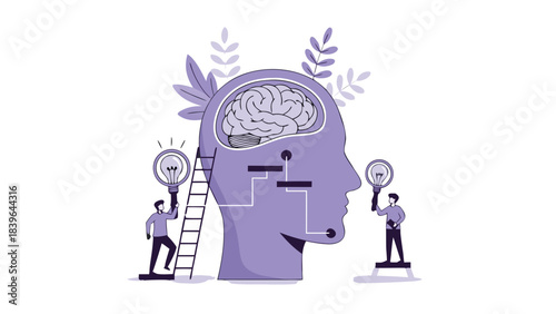 Abstract Illustration of a Human Head Silhouette with Visible Brain and Stylized Plant Elements and Miniature Figures Climbing Ladders Representing Knowledge and Growth Against a Black Background