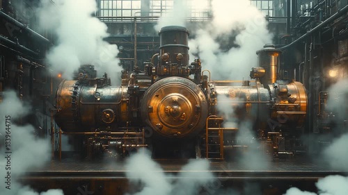 Vintage steam engine in industrial setting with smoke