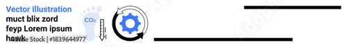 Sustainability, carbon footprint, renewable energy, innovation, technology, environmental awareness. Gear cog interlinked with circular arrows and carbon footprint icon. Sustainability and carbon