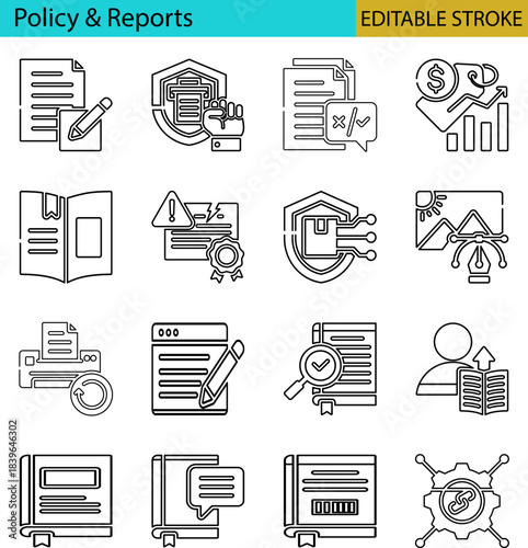 Policy and reports icons set line style editable stroke