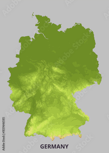 A topographic map of Germany is displayed, showcasing the country's geographical features. The map uses varying shades of green and brown to represent different elevations