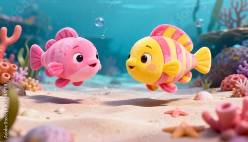 Two cute fluffy colorful fish swimming in a vibrant cartoon underwater scene, surrounded by soft coral reefs and marine plants — adorable kids ocean illustration in a charming plush, fluffy art style.
