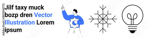 Creative design, educational purposes, idea generation, seasonal , innovation, inspiration. Young man pointing upwards, snowflake and light bulb. Idea generation and innovation concept