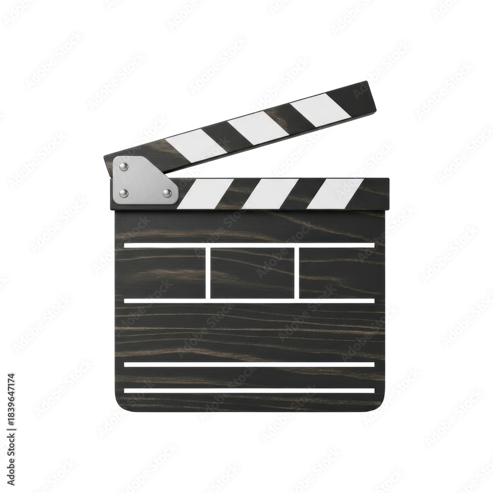 Obraz premium Classic wooden film clapperboard stands open, showcasing its dark textured surface, iconic black and white stripes, and silver metal hinge, ready for a movie production