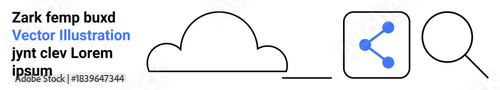 Cloud computing, data sharing, network connection, search tools, digital analytics, technology visualization. Minimalist cloud, connection icons magnifying glass. Cloud computing and data sharing