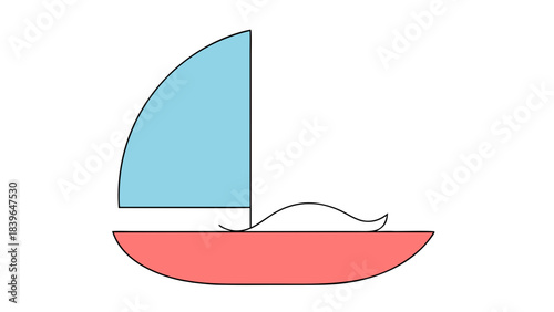 Abstract representation of a sailboat in light blue and coral red against a solid black background simple geometric shapes evoking a sense of minimalist nautical art with clean lines and modern
