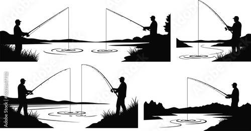 Six black silhouette scenes of fishermen casting rods on water bodies with varied landscapes
