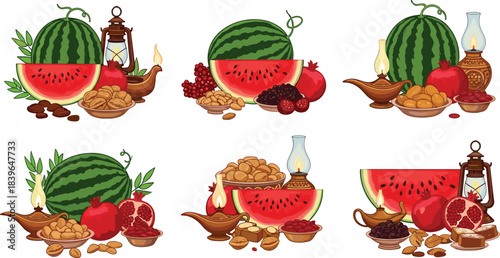 Six arrangements of watermelon pomegranate nuts and oil lamps almonds pistachios