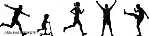 Silhouettes of people engaged in various physical activities activity running