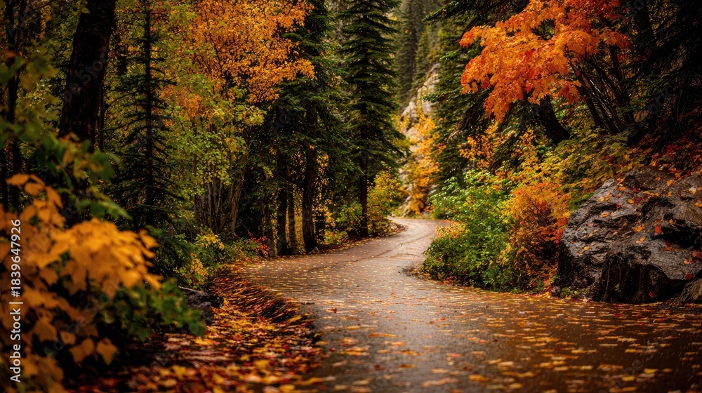 Fototapeta premium A winding forest road is covered in fallen leaves during autumn.
