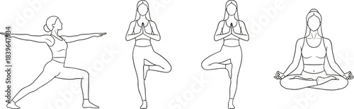 Four line art illustrations of a woman performing yoga poses drawing