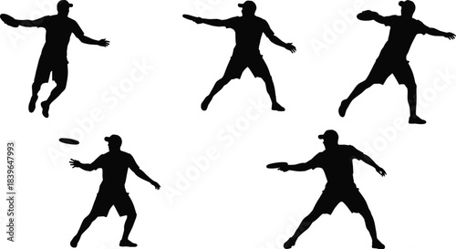 Five black silhouettes of men playing frisbee in various dynamic poses disc sport