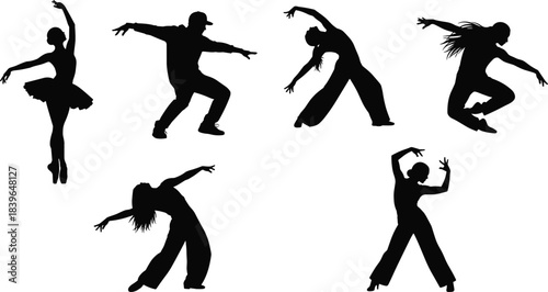 Diverse dancers in silhouette performing various styles of dance ballet hip hop