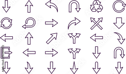 Collection of various dark purple outline arrow icons on white background direction