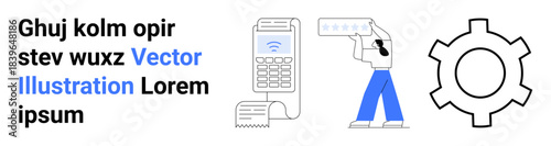 Hand making a contactless payment, card reader printing receipt, large gear icon. Ideal for payment systems, automation, e-commerce, fintech, innovation, digital strategy simple landing page
