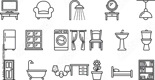 Collection of line art icons depicting household furniture and appliances home interior