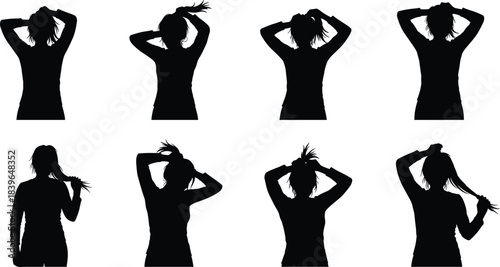 Collection of eight black silhouettes of a person tying their hair into a ponytail