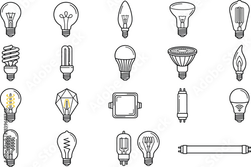 Collection of diverse light bulb icons in black outline on white background lamp