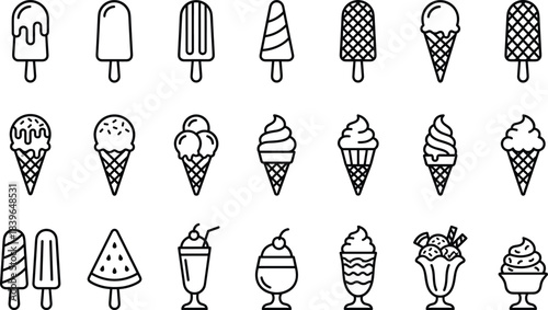 Collection of black outline ice cream and frozen dessert icons popsicle cone
