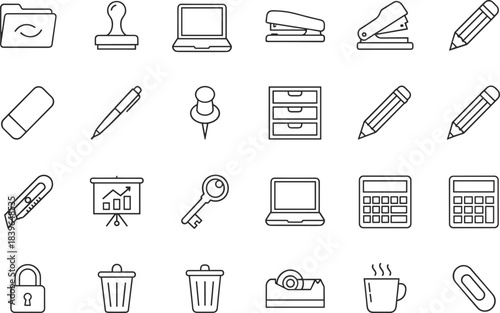 Collection of black line art office and school supplies icons stationery
