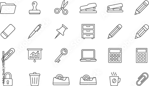 Collection of black line art office and school supplies icons folder stamp