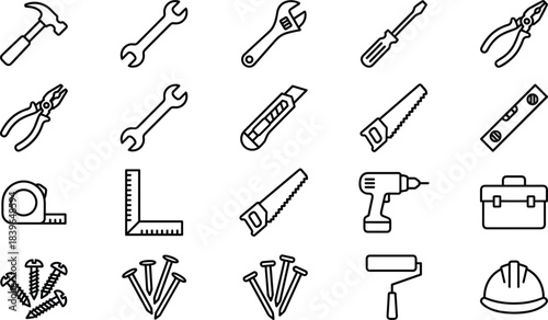 Collection of black line art icons representing various tools and hardware hammer
