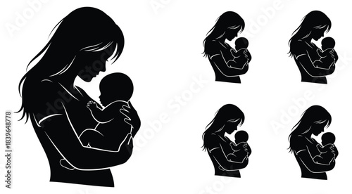 Black silhouette of mother holding baby with multiple smaller versions infant