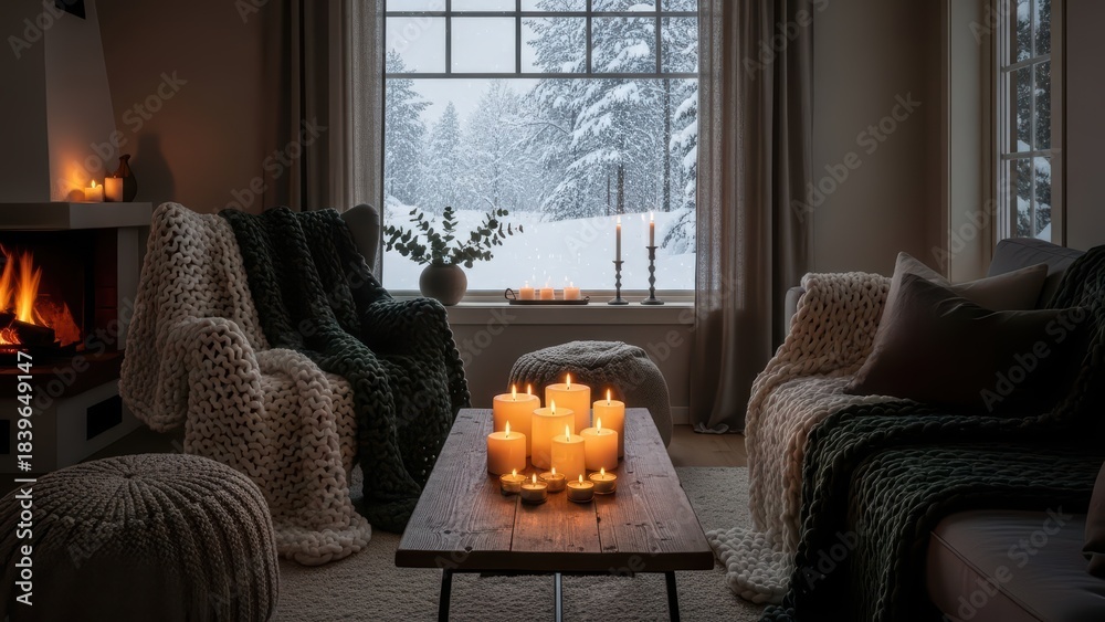 Obraz premium Cozy winter living room with candles and snowy view through large window