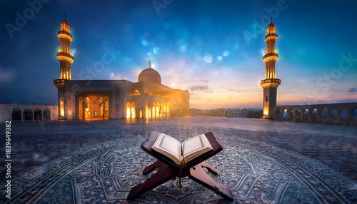 illuminated quran at mosque at dusk
