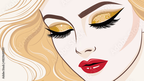 Fashion illustration of a woman's face with stunning eyes, styled hair, and glamour makeup