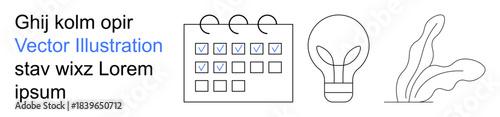 Creativity, organization, productivity, ideas, design, inspiration. Calendar with checkboxes, bulb and abstract plant. Creativity and organization concepts icons for ideas and tasks