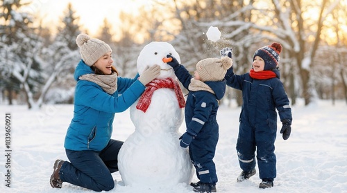 Happy young family with two children building a snowman together in a snowy winter park.