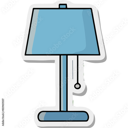 A light blue table lamp with a pull chain sits on a white background with a subtle shadow it is a simple object illustration with clean lines and a modern design perfect for home decor or office use